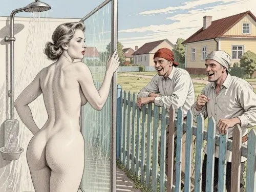 This is is a detailed monochromatic pencil drawing in a classical illustrative style depicts a scene set in USSR in 1950s, bright, colorful colors, the suburban area is divided by a fence, one side of the fence a beautiful curvy milf, 40 years old, milf with elegant hairstyle, with seductive faces in outdoor shower stall, (her butt is visible), on the other side of the fence rustic men peasants in simple clothes watching with fun, Vulgar smiles on the peasants men's faces, they tells her lewd things about sex.The overall mood is intense, rendered in fine, expressive line work and subtle shading, evoking the style of 1950s satirical or moralistic illustrations.