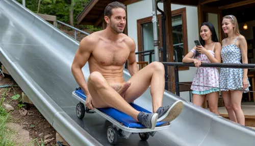 A naked 28 year old man rides a wheeled summer toboggan downhill on a summer toboggan run. He is wearing only sneakers. the sporty man has three-day stubble and an erect penis. He enjoying the rush of air against his naked skin. He is holding onto the summer toboggan with both hands. Rollers are attached to the underside of the summer toboggan instead of runners., (Three women in cute summerdresses are standing outside the toboggan run, resting their arms on its edge. The women look at the naked man approaching them with pleasure. The women have fun and giggle. One woman takes a photo of the man with her mobile phone.), The man's high speed is evident. The man looks at the women with a cheeky smile.