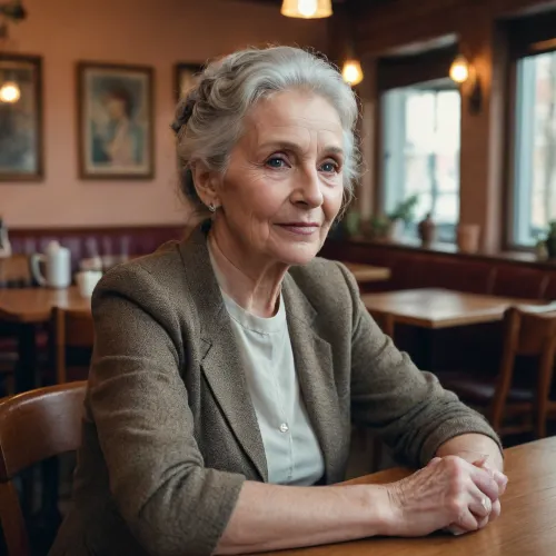 In einem Cafe, eine sehr alte grauhaarige 70jährige Frau mit buntem Rock, sitzt oben ohne auf einem Stuhl, sie streichelt ihre großen, massiven, dicken, hängenden Brüste. Hinter ihr stehen mehrere ältere männliche Gäste und beobachten die Frau erregt