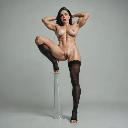 (((one woman, 18 years old))), (humiliation:1.8), Nude, hands behind head, climax, (black stocking:1.3), musturbating, (Standing:1.4), futanari, uncensored, arched_feet, soles, toes_visible, flexible, (legs_up:1.5), ahegao, tongue_out, looking_at_viewer, intense_pleasure，Caucasian, (slim:1.3), (Long clitoris:1.3), big eyes, Eyes looking upwards, open mouth, shows tongue, tongue out, (Thick muscular thigh:1.5), Perfect pussy, G CUP, Nice smooth body, skinny, stright long black hair, nipple rings, perfect face, tanned skin, huge boobs, (huge nipple:1.5), G cup, big ass