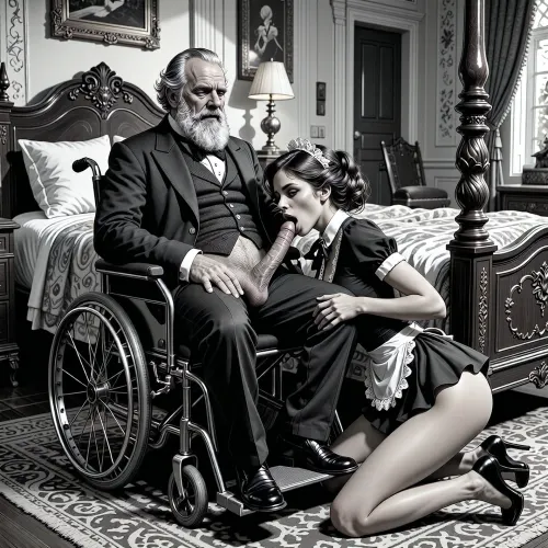 (detailed pen and ink sketch:2), extremely stylised background, A black and white illustration in a bold, graphic style, a highly detailed, hyperrealistic scene set within an opulent, pre-Civil War antebellum plantation mansion bedroom, featuring ornate period furniture and a grand four-poster bed. The central figure is a stout, elderly Southern plantation owner, appearing to be in his late 70s or early 80s, possessing a thick, full beard, dressed in a formal 1850s suit, who is seated in a wheelchair. His pants are unbuttoned, revealing a realistically depicted, small penis fully exposed and correctly situated in his crotch. Kneeling before him on the floor is a beautiful, slender Latin woman, who appears to be in her early 20s. She has a pretty oval face, large cheeks, arched eyebrows, and smooth, dark brown skin. Her hair is styled in a flawless, short, hazel-brown 1960s bouffant, with one large side fringe, and she is dressed in a classic French maid outfit, including a short skirt with petticoats and a small lace headdress, wearing shiny black high heels. The maid is positioned facing the viewer, looking directly at the camera, while simultaneously engaging in an act of oral sex, kneeling down with her head resting on the man's lap, grabbing his exposed penis and performing a deepthroat blowjob, with the penis visibly emerging from the man's crotch area. The lighting is dim and dramatic, typical of an old, wealthy interior, casting warm, heavy shadows that emphasise the rich textures of the antique furniture and the intimacy of the scene. The overall style is dark, highly detailed The artwork uses soft-contrast linework and cross-hatching for texture and depth, with a stark, graphic quality reminiscent of French adult comix. The lighting is implied through strong shadows and line work, creating a dramatic, theatrical mood. The overall style is illustrative, with exaggerated proportions and a focus on narrative and character interaction. The man's face and the maiden's face and old man's cock are drawn with exquisite attention to detail and realism.