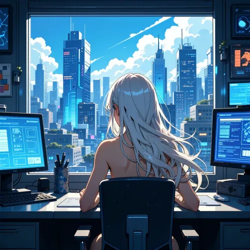 A vibrant 2D anime illustration of a woman with long, flowing platinum blonde hair seated at a desk, viewed from behind, as she gazes out a massive window overlooking a sprawling futuristic cityscape. Rendered in clean cel shading with crisp bold linework and brilliant high-chroma colour, her bare shoulders and back are softly illuminated against the backdrop of towering blue and white skyscrapers under a bright sky. The interior is dominated by glowing blue digital displays and monitors casting a cool, electric light onto the dark office furniture and the woman's pale skin. The overall mood is contemplative and high-tech, featuring a cohesive palette of bright sky blues, stark white clouds, and deep indigo city tones, captured with polished modern key-visual quality, crisp and energetic.