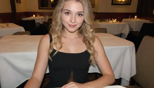 Smartphone photo, POV, short and petite 19yo, long wavy blonde hair with darker roots, light brown eyes, fair skin, natural no makeup face, soft shy smile, sitting across from me at an elegant upscale restaurant, fully clothed in a sophisticated black evening dress, candlelight, evening, candid, first date, front view, iPhone photo