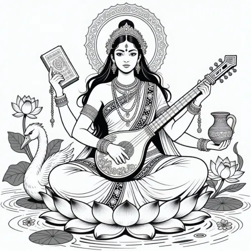 A black and white line drawing depicting Saraswati, the Hindu goddess of wisdom, music, art, and learning. She is portrayed as an extraordinarily beautiful and serene Indian goddess with refined facial features, calm expressive eyes, and long flowing hair rendered through elegant clean linework. She wears an elaborate traditional sari with richly detailed embroidered borders, layered jewelry, bracelets, necklaces, earrings, and a delicate ornamental headdress.

Saraswati has exactly four graceful and anatomically coherent arms, clearly separated and easy to read. Her four hands hold her traditional symbolic objects, an ancient sacred book, a prayer rosary, a traditional water pot, and an ornate classical veena. The veena rests naturally across her body and is rendered with intricate decorative line detail.

She sits gracefully upon a large blooming lotus. A graceful hamsa swan stands beside her. Around her are lotus flowers, lotus leaves, gentle water ripples, delicate floral ornamentation, an ornate circular halo, and subtle Indian temple-inspired decorative motifs. Her flowing sari, hair, lotus petals, and veena create an elegant balanced composition.

Pure black and white line art, crisp clean ink lines, sophisticated contour drawing, extremely fine detail, elegant varying line weight, intricate cross-hatching used sparingly for depth, white background, no color, no grayscale painting, no filled black shadows, beautiful illustrative anatomy, highly detailed hands, harmonious sacred composition, refined mythological illustration, suitable for an elaborate graphic novel plate or luxury coloring-book illustration.