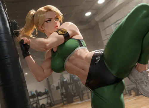 masterpiece, best quality, absurdres, newest, highres, very aesthetic, 1girl, solo, mature female, adult, sonya blade, (mortal kombat), blonde hair, blue eyes, ponytail, swept bangs, athletic, toned, muscular female, medium breasts, narrow waist, thick thighs, green sports bra, midriff, green leggings, black buruma, armband, fingerless gloves, black gloves, white sneakers, kicking, high kick, leg up, dynamic pose, punching bag, hitting punching bag, focused expression, determined, gym, gymnasium, indoor, exercise equipment, detailed background, cinematic lighting, dynamic angle, motion blur, detailed face, detailed eyes, intricate details, highly detailed