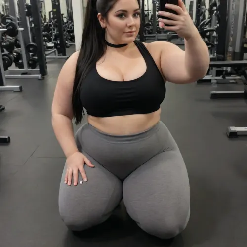 Raw picture, iPhone 15 pro photo, Cute British pawg, 25 years old, ((green eyes)), (((dark black hair))), ponytail hairstyle, ((Facing Forward)), ((Kneeling)), (((Using hand to lean on))), (large boobs), ((pawg, fat packed hips, chubby belly, (thick thighs), plumper, chubby face)), Wearing, gym, (((high waist Gray Polyester gym leggings))), black chocker, taking a selfie in gym, flashphoto, dark light, skin detailed with skin imperfections, <lora:EnvyThiccXL02:.4>