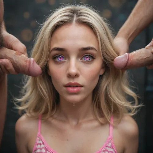 Blonde with spiral eyes effect, mind control scenario, drooling, blank expression, programmed sex slave, two men giving her commands, complete submission and obedience, trigger word activation, empty-minded fucktoy state, pink heels as only clothing, mind break fetish, photorealistic, psychedelic lighting effects, spiral patterns