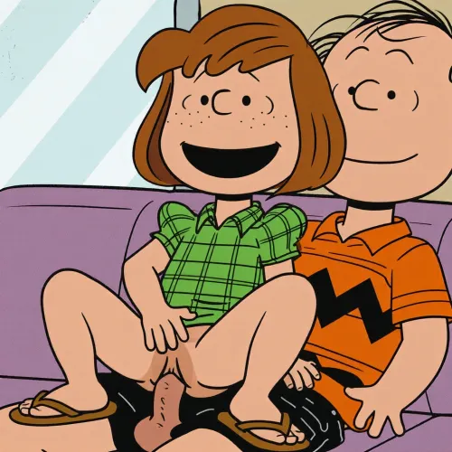 A cartoon illustration in the style of Charles M. Schulz, featuring Peppermint Patty having vaginal sex with Charlie. Patty has short, reddish-brown bobbed hair with side-swept bangs and freckles across her nose. Her face features simple black dot eyes, a curved smile revealing a wide open mouth, and raised eyebrows conveying joy. She wears a bright green plaid short-sleeve shirt underneath naked paired with brown flip-flops.
She has Charlies penis in her vagina, having sex with a Charlie, depicted with his signature orange shirt adorned with a black zigzag pattern, reverse cowgirl, leaning back, fucked from behind, (((man's hands on her abdomen))), legs down, sex on Casting Couch, The scene is rendered with bold outlines and flat coloring, with sweat droplets indicating exertion or heat. The color palette is limited, dominated by skin tones, orange, green, and black, against a light background. The composition is a close-up shot, emphasizing the characters' expressions and interactions. The mood is suggestive and intimate.