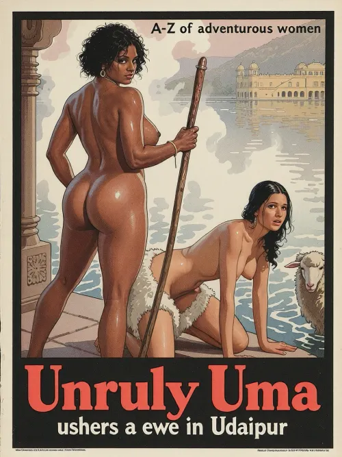 Uma, an dark skinned Indian woman, unruly hair, playful, naked with big breasts, back the viewer, holds a long stick, a woman in the foreground a submissive woman wearing a sheepskin, she is on her hands and knees with an confused look, pussy exposed, heard of ewes along the water's edge. In the background, the Lake Palace in Udaipur, the still waters of Lake Pichola visible behind her, soft dawn mist rising off the lake.

In the style of a 1930s travel poster, water colour illustration, strong line work.

Very small text across the top "A-Z of adventurous women"
Text across the bottom "Unruly Uma ushers a ewe in Udaipur"