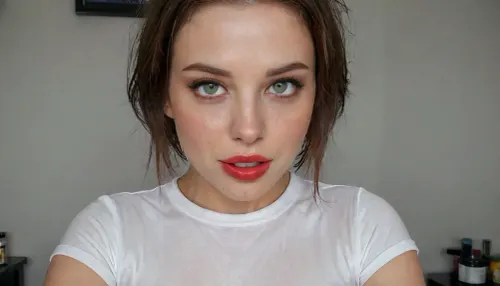 Petite. green eyes. Dark red soaking wet hair. Bee-stung red lipstick. Dark eyeliner. Small face, cute smile. Whipnose. Sugestive look, small face, tongue out, w3t, wet tshirt, best quality, cinematic, green, eyes, blue, brown, perfecteyes, Stable-Yogis-Makeup-Enhancer-XL, 4ng3l, face, <lora:w3t_SDXL:2>, <lora:PerfectEyesXL:.8>, <lora:SDXL_BetterFaces-LoRA_v1:.8>