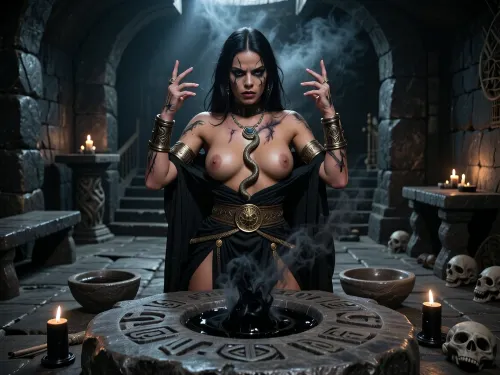 A cinematic, dark fantasy scene depicting a Stygian dark sorcerer from the Hyborian Age, performing a forbidden ritual deep inside an ancient subterranean dungeon. She is a strikingly beautiful woman in her mid-twenties, with long dark hair, intense dark eyes, and sun-bronzed skin, possessing the dangerous allure of a femme fatale, beautiful in a sinister, corrupted, predatory way rather than innocent or delicate.

Her body and face show subtle but unmistakable signs of corruption caused by prolonged exposure to forbidden magic, dark discoloration spreading from her fingertips, unnatural shadow-like markings around her eyes, while she remains recognizably human and extraordinarily beautiful.

She is topless wearing dark Stygian ritual garments inspired by an ancient decadent desert kingdom, black linen, dark leather, bronze and tarnished gold ornaments, serpent-shaped jewelry, ritual belts, engraved armlets, and pieces of revealing but practical ceremonial clothing. Her appearance should feel ancient, dangerous, aristocratic and sorcerous.

She stands before a massive crudely carved stone altar, conducting a dark ritual. Ancient symbols and serpent motifs have been roughly cut into the altar and surrounding stone floor. Strange black smoke, shadowy magical energy and faint unnatural light rise from the ritual site, illuminating her face from below. Her hands are raised as she manipulates the forbidden magic, her expression focused, confident and quietly malevolent.

The dungeon is primitive, oppressive and brutal in construction, built entirely from enormous roughly hewn dark stone blocks. Walls, pillars, steps, benches, tables, ritual stands and altars are all made from coarse unfinished stone. Nothing should look polished, luxurious or clean. The chamber feels ancient, subterranean and almost prehistoric, as though carved directly into the earth centuries ago.

Sparse black or very dark wax candles burn around the ritual area, their small flames barely penetrating the darkness. Pools of heavy shadow dominate the room. Ancient skulls, weathered ritual objects, crude stone bowls and traces of old sacrifices may be present, but the environment remains restrained and believable rather than cluttered.

Low-key cinematic lighting, deep blacks, warm candlelight mixed with faint sinister magical illumination, dramatic chiaroscuro, volumetric smoke, oppressive atmosphere, gritty realistic textures, weathered stone, realistic anatomy, realistic skin texture, detailed hands, detailed eyes, natural proportions, dark mature sword-and-sorcery aesthetic, photorealistic, cinematic realism, highly detailed, brutal ancient fantasy atmosphere.