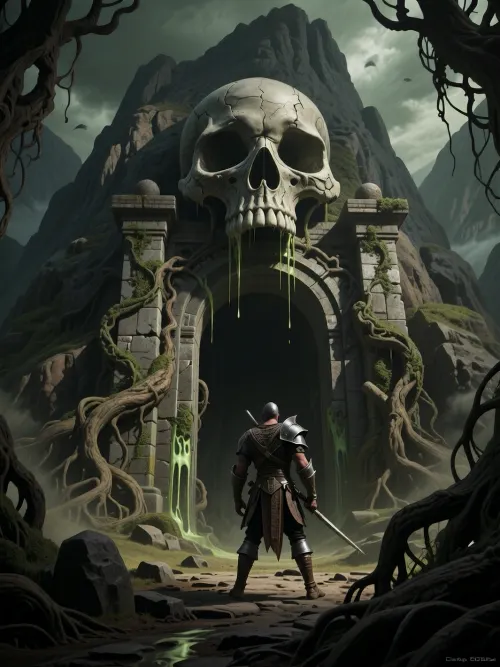 (Epic shot), of a lone warrior facing a colossal skull gate entrance carved into a mountain, ((skeletal details), dripping goo, weathered stone, ancient architecture, vines, roots, creepy, ominous), (fantasy art, dark fantasy), (highly detailed, intricate, gritty texture), volumetric lighting, dramatic shadows, muted dark colors, greens, browns, grays, desaturated, deep perspective, (digital painting, concept art by Frank Frazetta, Zdzisław Beksiński), grim, atmospheric, (masterpiece, best quality, ultra high resolution), sharp focus, professional artwork, award winning