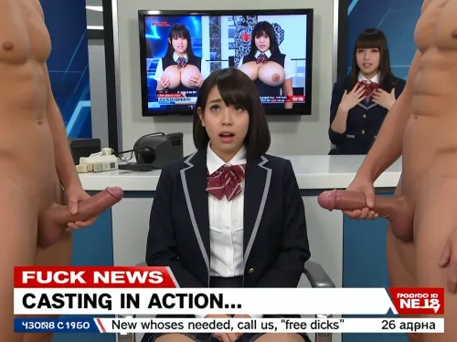 TV screen, news show, two sexy girls, Japanese students female giant boobs news anchor behind desk embarassed looking up, blazer, news ticker, 18 yo., co-anchor, Fuck news, "Casting in action...", "New whores needed, call us, free dicks" "26 апреля". Рядом с девушками двое голых мужчин с огромными членами справа и слева.
