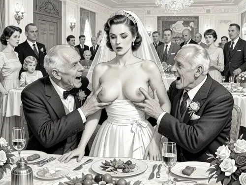 This is is a detailed monochromatic pencil drawing in a classical illustrative style depicts a scene set in USSR, in 1950s, a striking busty bride in a white dress, ((2 drunk old men roughly pawing her exposed tits with their fingers)), 2 drunken old men laughing and mocking, on a festive table during the wedding banquet, family and parents are watching in their best clothes, a large banquet hall, The overall mood is intense, rendered in fine, expressive line work and subtle shading, evoking the style of 1950s satirical or moralistic illustrations.