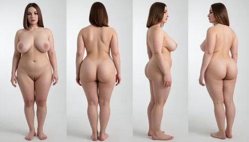 stunningly beautiful 32 years woman, fully naked, standing with arms by her sides, (extremely big natural tits:1.8), (((voluptuous))), (((chubby))), neutral expression, photorealistic turnaround character sheet, four separate views, front view, back view, profile side view, three quarter view, formal studio lighting, shot against a seamless solid plain white studio backdrop, sharp focus