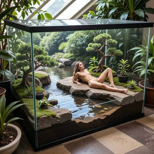 Photo of a terrarium, inside is a hyper-realistic scene of a sunbathing naked girl on a large flat rock by a river, around the terrarium is a bonsai garden