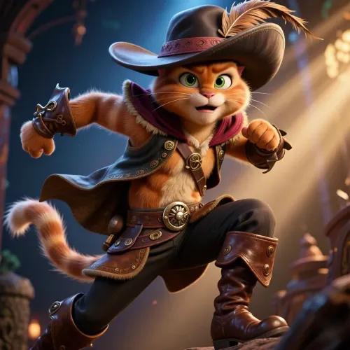A dynamic, action-packed cinematic full shot of Puss in Boots from the animated film *Shrek*, wearing a wide-brimmed hat with feathers, tilted slightly on his head. He strikes an energetic, dynamic pose whilst on the move, looking straight at the camera with an extremely expressive, amusing and deeply curious, inquisitive expression, with one eyebrow raised, his large, expressive green eyes are sparkling, intricate details of the leather boots and belt, and the rich texture of the velvet and feathers on the hat. Vibrant and rich colours, strong contrast, dramatic cinematic lighting, voluminous beams of light, 8K resolution, photorealistic style