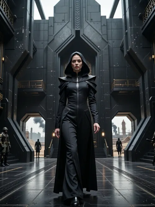 A cinematic, photorealistic portrait scene depicting a young Bene Gesserit witch of Harkonnen origin in the Dune universe, mid-twenties, walking through the monumental interior of a Harkonnen stronghold on Giedi Prime, on her way to a private audience with Baron Vladimir Harkonnen. She is strikingly beautiful in a cold, severe, aristocratic way, with very pale skin, refined angular features, dark intense eyes, and smooth black hair partly concealed beneath an austere Bene Gesserit hood and headdress. Her expression is calm, unreadable and controlled, projecting intelligence, discipline, danger, and absolute self-possession.

Her clothing combines traditional Bene Gesserit severity with subtle Harkonnen aesthetics, a long fitted black ceremonial gown of heavy matte fabric, structured high collar, layered black robes, narrow sleeves, minimal ornamentation, elegant but intimidating silhouette, no exposed armor, no obvious weapons. Small details hint at noble Harkonnen blood without making her look like a military officer.

She walks alone through a vast brutalist corridor inside the Harkonnen palace, surrounded by monumental black architecture, massive industrial walls, polished dark stone, exposed metal, severe geometric forms, enormous doorways, oppressive scale and almost no decoration. Through distant openings and high windows, the polluted industrial landscape of Giedi Prime is visible beneath its harsh pale sun, filled with enormous refinery structures, smoke, haze and black silhouettes.

Ahead of her stands the immense entrance to Baron Vladimir Harkonnen's audience chamber, guarded by distant Harkonnen soldiers. She is approaching the doors with deliberate confidence, fully aware that she is entering the presence of one of the most dangerous men in the Imperium. The atmosphere is oppressive, ceremonial and politically dangerous, suggesting hidden agendas, Bene Gesserit manipulation and Harkonnen brutality.

Full-body to three-quarter composition, camera slightly below eye level, she remains the clear focal point while the gigantic architecture emphasizes her isolation and confidence. Harsh monochromatic Giedi Prime lighting, pale diffuse sunlight, deep blacks, metallic reflections, volumetric haze, subtle film grain, realistic skin texture, realistic anatomy, extremely detailed fabric, cinematic depth of field, high-end science-fiction production design, restrained color palette, brutalist dystopian atmosphere, serious mature tone.