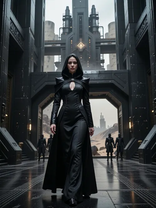 A cinematic, photorealistic portrait scene depicting a young Bene Gesserit witch of Harkonnen origin in the Dune universe, mid-twenties, walking through the monumental interior of a Harkonnen stronghold on Giedi Prime, on her way to a private audience with Baron Vladimir Harkonnen. She is strikingly beautiful in a cold, severe, aristocratic way, with very pale skin, refined angular features, dark intense eyes, and smooth black hair partly concealed beneath an austere Bene Gesserit hood and headdress. Her expression is calm, unreadable and controlled, projecting intelligence, discipline, danger, and absolute self-possession.

Her clothing combines traditional Bene Gesserit severity with subtle Harkonnen aesthetics, a long fitted black ceremonial gown of heavy matte fabric, structured high collar, layered black robes, narrow sleeves, minimal ornamentation, elegant but intimidating silhouette, no exposed armor, no obvious weapons. Small details hint at noble Harkonnen blood without making her look like a military officer.

She walks alone through a vast brutalist corridor inside the Harkonnen palace, surrounded by monumental black architecture, massive industrial walls, polished dark stone, exposed metal, severe geometric forms, enormous doorways, oppressive scale and almost no decoration. Through distant openings and high windows, the polluted industrial landscape of Giedi Prime is visible beneath its harsh pale sun, filled with enormous refinery structures, smoke, haze and black silhouettes.

Ahead of her stands the immense entrance to Baron Vladimir Harkonnen's audience chamber, guarded by distant Harkonnen soldiers. She is approaching the doors with deliberate confidence, fully aware that she is entering the presence of one of the most dangerous men in the Imperium. The atmosphere is oppressive, ceremonial and politically dangerous, suggesting hidden agendas, Bene Gesserit manipulation and Harkonnen brutality.

Full-body to three-quarter composition, camera slightly below eye level, she remains the clear focal point while the gigantic architecture emphasizes her isolation and confidence. Harsh monochromatic Giedi Prime lighting, pale diffuse sunlight, deep blacks, metallic reflections, volumetric haze, subtle film grain, realistic skin texture, realistic anatomy, extremely detailed fabric, cinematic depth of field, high-end science-fiction production design, restrained color palette, brutalist dystopian atmosphere, serious mature tone.