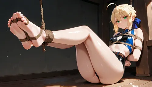 (masterpiece, best quality), artoria_pendragon from fate, full body visible, flat-chested, tiny body, (full body restraints), leather belt restraints, (feet shibari bound), ((rope tied toes:1.5))