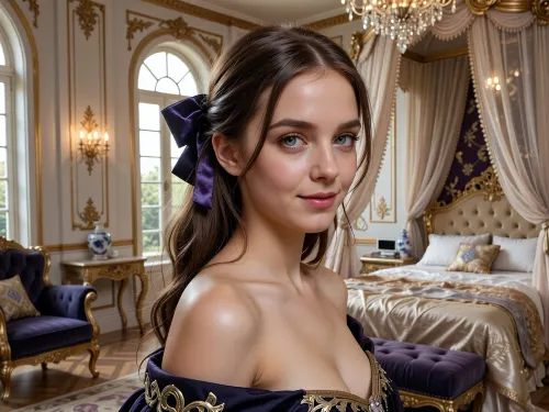 A photorealistic image of a stunning young woman in an extraordinary, modern “princess-style” bedroom filled with exquisite, regal details. Her wavy hair is tied back with a ribbon, and she wears a chic, vintage-style dress with bare shoulders, a plunging neckline, and gold embroidery. She looks at the camera with a gentle smile. In the background is a highly detailed interior of a modern palace bedroom that blends vintage style with modernity, stucco moldings richly adorned with gold trim, luxurious velvet furniture with exquisite carvings, a sparkling crystal chandelier and candelabras with electric candles on the walls, a majestic four-poster bed with layered sheer curtains, elegant porcelain vases, and a tablet resting on a stand on the nightstand. Soft sunlight streams through the massive arched windows. Cinematic studio lighting, photorealism, a masterpiece