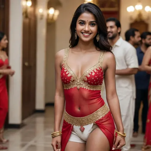 amateur photoshoot, masterpiece, 4k, epic details, fresh indian, 24yo, dark skin, black straight hairs, natural body, cute face, light makeup, lifted red and gold sexy dress, white panties visible, high smile, at wedding