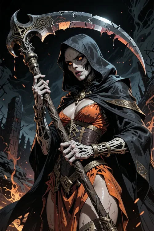 (Dark Fantasy Artwork), low angle, an illustration, with bold expressive lines, shading. colored lines. fantasy priest of death, occult, Armageddon, cruel, eerie, ancient large scythe, hot dress, cloak, hood, natural beauty. Detailed dark fantasy artwork, dark gritty apocalyptic lighting, gritty artwork, realistic anatomy, believable skin texture, detailed hands, detailed fingers, detailed eyes, high quality colored ink illustration, highly detailed, dark fantasy art, dark doomed atmosphere.