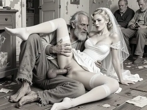 This is a detailed monochromatic pencil drawing in a classical illustrative style depicts a scene set in 1950s, Rough, hardcore sex in an abandoned house. very old homeless man fucks a A 20 years old bride missionary style, lying on the dirty floor. The homeless man's penis is inside the bride's pussy. A 20 years old blonde bride, wears an elegant white wedding dress, The wedding veil on her head, . Her shoulders are relaxed, her chin is slightly raised. elegant white wedding dress hiked up to her waist. White stockings with garters. Her beautiful, firm breasts are visible. A very old homeless man, (90 years old), a very decrepit old man, is having sex with her. They rough grabs her tits.His clothes are worn and layered, rough fabrics, faded colors, frayed edges, visible signs of aging and texture., (His pants are pulled down, cock and hairy scrotum are visible:1.4), . He is having sex with a woman, penetrating her hairy vagina with his penis. Sex, vaginal penetration, missionary position, woman lying on the floor. Female orgasm. Other homeless old men are sitting and watching them masturbating, Group sex.The overall mood is intense, rendered in fine, expressive line work and subtle shading, evoking the style of 1950s satirical or moralistic illustrations.