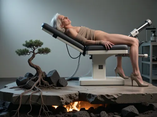 woman of 68 years old business woman lays bondaged on gyno chair ready for sexual experiments of mad scientist in lab, high heels, fuck machine

minimalist fine art photography, a weathered concrete slab with a cracked, organic edge, a lone delicate bonsai tree growing from a rugged pile of dark volcanic rocks at the base, roots intertwining with the stone, glowing warm ember light at the bottom, soft atmospheric grey background, dramatic chiaroscuro lighting, sharp focus, hyper-realistic, intricate textures, cinematic composition, 8k resolution, serene and contemplative mood, masterwork, minimalist aesthetic.