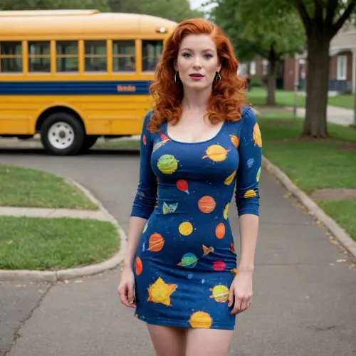 mrs frizzle magic school bus Huge tits, (big tits 1.6), flashing tits, (boobs size 1.6), Wearing, Outside, showing huge boobs mrs frizzle, red head school teacher with frizzy red hair shoulder length, tiny school bus a vibrant, theme-printed long-sleeved blue dress, adorned with scientific imagery like planets, stars, and rockets. She pairs this with a crisp white collar, white cuffs, wild ginger hair, and often thematic earrings and shoes that match her field trip" magic school bus", lots of freckles