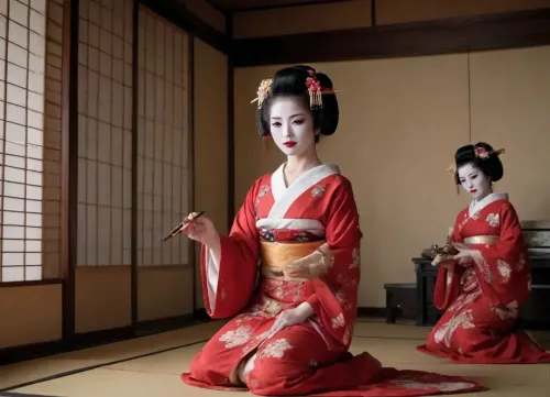 a lively scene in a ancient japanese upscale brothel, a group of young 21yo geisha Performing with music instruments on a stage, (exaggerated traditional maiko makeup, White Face Powder, Red Rouge & Lipstick, Shaved & Redrawn Eyebrows), The kimono is open and falls over one shoulder so that the breast is visible, firm breasts