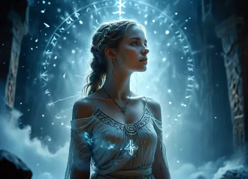(Dark Fantasy Artwork), artistic, low angle, side view, 40 yo, belle caucasian female, ancient circular runic emblem, glowing white runes, inscribed on a mystical dark celestial background, floating in a cosmic void, surrounded by swirling ethereal nebula clouds and light dust particles, soft volumetric lighting, mysterious atmosphere, germanic mythology aesthetic, intricate runic carvings, glowing white light, dark mood, deep shadows, high contrast, ethereal, mystery, mystical fog, natural beauty, /KlTTY-ART/, <lora:COMFYUI_mimic_landscape_-_XL_SDXL v2.0:.1>, <lora:MJ52:.1>