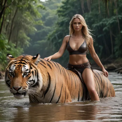 dramatic posterartwork, blonde female rides tiger at river in amazonas jungle, Tiger as steed. slim body shape, in sexy stoneage clothing, wet long hair, low lit, single sunrays, realistic water, UHD, sharp focus, blurred background, woman, FOV, 32k, (cinematic effects, realistic FOV)