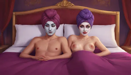 spooning sex, couple, 1 male and 1 female, scandinavian, on burgundy bed, both wearing porcelain masks with purple turban, (artwork, digital painting, fantasy art, loading screen art style), <lora:LegendDarkFantasy-000001:1>, <lora:SumTim:.1>, <lora:SDXLSamDoesArts:.5>