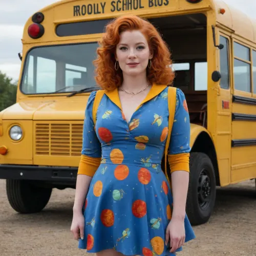 mrs frizzle magic school bus Huge tits, (big tits 1.6), flashing tits, (boobs size 1.6), Wearing, Outside, showing huge boobs mrs frizzle, red head school teacher with frizzy red hair shoulder length, tiny school bus a vibrant, theme-printed long-sleeved blue dress, adorned with scientific imagery like planets, stars, and rockets. She pairs this with a crisp white collar, white cuffs, wild ginger hair, and often thematic earrings and shoes that match her field trip" magic school bus", lots of freckles