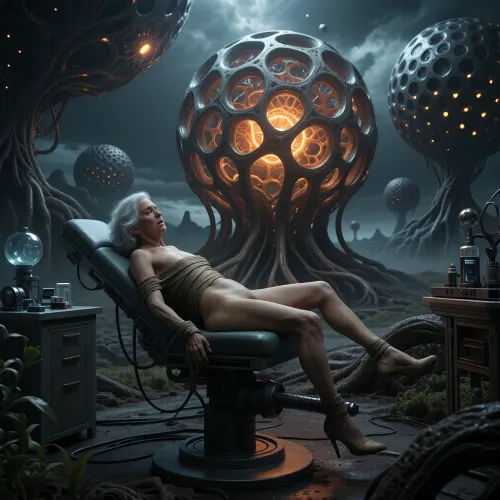 woman of 70 years old nude business woman lays bondaged on gyno chair ready for sexual experiments of mad scientist in lab, high heels, fuck machine

alien planet landscape, giant bioluminescent organic spherical structures, pulsating internal orange glowing core, complex web-like veins and honeycomb textures on spheres, dark alien flora, twisted root systems, misty and cloudy atmosphere, post-apocalyptic aesthetic, cinematic lighting, moody, dark and eerie, highly detailed, sci-fi concept art, surreal, volumetric lighting, 8k resolution, photorealistic textures, trending on artstation, masterpiece, dark fantasy, unsettling atmosphere.