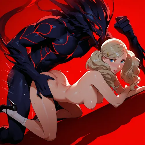 (Soejima_shigenori style:1.2), uncensored, takamaki ann, persona 5, 1girl, blue eyes, blonde hair, long hair, twintails, swept bangs, hairclip, medium breasts, rough sex, (shadow monster male:1.3), Ann fucked by shadow monster, high resolution, highres, nipples, (red lighting:1.3), black louboutin, nylon socks