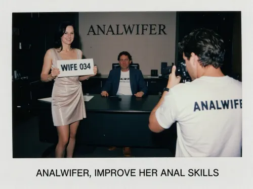 (polaroid vintage photo), Standing upright mature woman holding a sign with two hands that says "WIFE 034" and a company man seated at a big desk in a dark office, a photographer seen from behin is taking pics with a camera, she is standing in the right side of the desk facing the photographer, the word "ANALWIFER" is graved in the wall, exactly written caption at the bottom with arial letters "ANALWIFER, IMPROVE HER ANAL SKILLS", slim, she has dark hair, She is dressed in a elegant sexy everyday dress, stockings, and high heels, she is smiling to photographer, the director is seated at desk and is wearing a blazer with a t-shirt underneath that says "ANALWIFER"., He has a lot of slightly wavy thick dark hair with a curl over the forehead., (looking to photographer), photographer wears a t-shirt that says "ANALWIFER"., (grandma female 75 years old with sagging skin and medium-lenght straight dark hair), (pale skin), very slim, thin, age wrinkles, (very sagging old skin), Hard, direct, pop-up style frontal camera flash lighting, creating extreme high contrast between brightly lit foreground subjects and a deeply shadowed, dark background. The skin has a distinct glistening, sweaty-look sheen. Rapid fall-off of light into chaos and darkness in the distance. Retro flash color rendering with harsh highlights and potential red-eye effect.