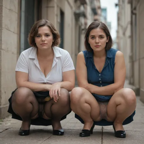 Realistic, Ultrarealistic, two short-haired mature chubby women in a care home, short dark skirts and blouses squatting knees wide apart showing panties under pantyhose, excessive hairy vaginas, excessive hairy assholes, facing viewer, upskirt panties