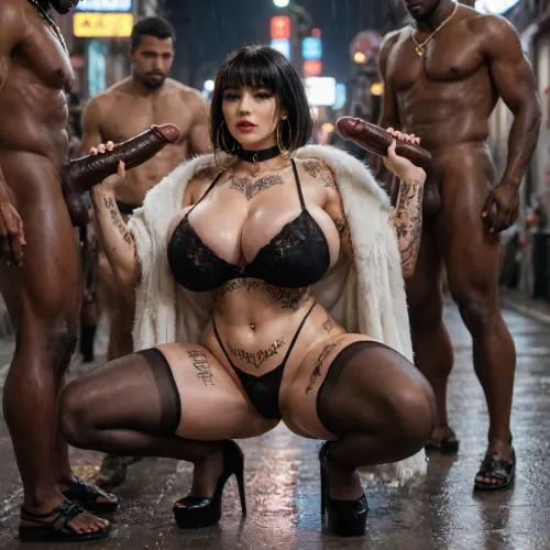 (One girl is squatting down in an alley at night), ghetto backround, dark, nighttime, run-down alley, outside, arrogant look, bad mood, mean look, looking at the viewer, sideview, elevated Angle, UHD 8K, extreme realism, maximum detail, photorealistic, hdri, (black platform high heels, black slave collar, black hair, A-line bob haircut, extremely straight hair, gigantic silver hoop earrings, silver jewelry, full body tattoos:1.25), neck tattoo, arm tattoos, leg tattoos, spiderweb tattoos, exquisite black lingerie bra with huge cutouts and deep cleavage, transparent black stockings, black thong, (grey long shiny fur coat:1.3), Voluptuous, thick thighs, big bulging ass, huge breasts, beautiful face, tanned skin, tanlines, navel piercing, <lora:polyhedron_photostudio-000005:.8>, <lora:192af1bb3d75bab622d76a8c8cf0a0b9:.8>, <lora:LCMTurboMix_Euler_A_fix:.8>, <lora:bombshell_v2:.8>, <lora:Venus_Body_Alpha:.8>, at night in cold heavy rain, 35 mm prime lens, puddles covering the street, rainwater rippling and reflecting neon and streetlights, cars passing by on the wet road, cold wet atmosphere, strong contrast, warm and cold color separation, realistic skin texture, detailed wet fabric, glossy reflections on asphalt, subtle volumetric rain haze, cinematic depth of field, rich shadow detail, natural urban grit, (raining:1.5), back arched, legs spread extremely wide, many african men are surrounding her, holding their massive cocks, she is staring up at them, gangbang, interracial scene, before sex, (huge cock:1.5), (african men:1.5), (double handjob:1.5), (soaking wet body:1.5), (the men are holding their cocks:1.5), (thick thighs:1.5), ultra fat breasts, (many tattoos on legs:1.5), (gangbang:1.5), (groping:1.4)