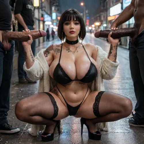 (One girl is squatting down in an alley at night), ghetto backround, dark, nighttime, run-down alley, outside, arrogant look, bad mood, mean look, looking at the viewer, sideview, elevated Angle, UHD 8K, extreme realism, maximum detail, photorealistic, hdri, (black platform high heels, black slave collar, black hair, A-line bob haircut, extremely straight hair, gigantic silver hoop earrings, silver jewelry, full body tattoos:1.25), neck tattoo, arm tattoos, leg tattoos, spiderweb tattoos, exquisite black lingerie bra with huge cutouts and deep cleavage, transparent black stockings, black thong, (grey long shiny fur coat:1.2), Voluptuous, thick thighs, big bulging ass, huge breasts, beautiful face, tanned skin, tanlines, navel piercing, <lora:polyhedron_photostudio-000005:.8>, <lora:192af1bb3d75bab622d76a8c8cf0a0b9:.8>, <lora:LCMTurboMix_Euler_A_fix:.8>, <lora:bombshell_v2:.8>, <lora:Venus_Body_Alpha:.8>, at night in cold heavy rain, 35 mm prime lens, puddles covering the street, rainwater rippling and reflecting neon and streetlights, cars passing by on the wet road, cold wet atmosphere, strong contrast, warm and cold color separation, realistic skin texture, detailed wet fabric, glossy reflections on asphalt, subtle volumetric rain haze, cinematic depth of field, rich shadow detail, natural urban grit, (raining:1.5), back arched, legs spread extremely wide, many african men are surrounding her, holding their massive cocks, she is staring up at them, gangbang, interracial scene, before sex, (huge cock:1.5), (african men:1.5), (double handjob:1.5), soaking wet body, (the men are holding their cocks:1.5), (thick thighs:1.5), ultra fat breasts, (many tattoos on legs:1.5), (gangbang:1.5)