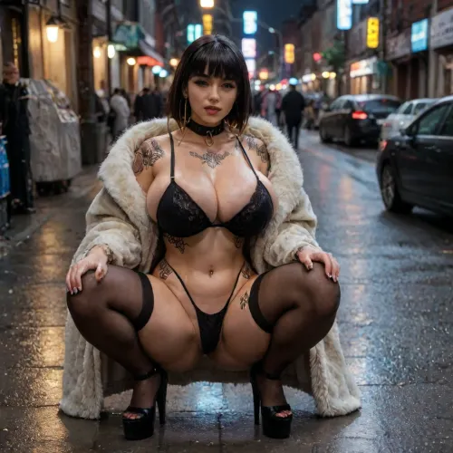 (One girl is squatting down in an alley at night), ghetto backround, dark, nighttime, run-down alley, outside, arrogant look, bad mood, mean look, looking at the viewer, sideview, elevated Angle, UHD 8K, extreme realism, maximum detail, photorealistic, hdri, (black platform high heels, black slave collar, black hair, A-line bob haircut, extremely straight hair, gigantic silver hoop earrings, silver jewelry, full body tattoos:1.25), neck tattoo, arm tattoos, leg tattoos, spiderweb tattoos, exquisite black lingerie bra with huge cutouts and deep cleavage, transparent black stockings, black thong, (grey long shiny fur coat:1.2), Voluptuous, thick thighs, big bulging ass, huge breasts, beautiful face, tanned skin, tanlines, navel piercing, <lora:polyhedron_photostudio-000005:.8>, <lora:192af1bb3d75bab622d76a8c8cf0a0b9:.8>, <lora:LCMTurboMix_Euler_A_fix:.8>, <lora:bombshell_v2:.8>, <lora:Venus_Body_Alpha:.8>, at night in cold heavy rain, 35 mm prime lens, puddles covering the street, rainwater rippling and reflecting neon and streetlights, cars passing by on the wet road, cold wet atmosphere, strong contrast, warm and cold color separation, realistic skin texture, detailed wet fabric, glossy reflections on asphalt, subtle volumetric rain haze, cinematic depth of field, rich shadow detail, natural urban grit, raining, back arched, hands on knees, legs spread extremely wide, many african men are surrounding her, holding their massive cocks, she is staring up at them, gangbang, interracial scene, before sex, (huge cock:1.5), (african men:1.5), (ghetto:1.5)