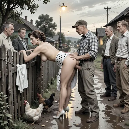 This is is a detailed monochromatic pencil drawing in a classical illustrative style depicts a scene set in USSR, in 1960s, Soviet village, 1960s — a late summer evening. A long wooden village fence stretches along the slushy, wet road, where the dim yellow light of an old street lamp casts shadows. A fashionable 40‑year‑old city dweller — with a large, beautiful bust — is leaning forward in a “doggy style” pose, facing a group of village men. She has bent forward low, resting her slightly bent arms on the old wooden fence. Her snow‑white panties are hanging on the fence. She is illuminated by the light from a street lamp, in the background, a village alley is visible. A married beautiful curvy milf with seductive faces and wide hips, city dweller, a brown elegant hairstyle, she is wearing a polka dot dress in the style of 1960, the dress is lifted high up to the waist, revealing a huge, beautiful butt. a pearl necklace, polished high-heeled shoes completely unsuitable for dirty country roads, carefully curled hair, exaggerated urban sophistication, a female orgasm, chickens running at her feet, rustic peasants in simple clothes watching with fun, rustic atmosphere, humorous contrast between luxurious urban fashion and the poor life of a rural collective farm behind the city lady stands an unshaven village peasant in baggy trousers, an old cap, sharp visors from the movie and battered shoes. He is holding the woman by the waist. He is fucking the woman with his huge, thick, sinewy penis, having pulled his pants down to her hips. This is rough sex from behind — anal sex, hard penetration from behind. Several other men are standing nearby, they are looking at the woman in the doggy position and waiting for their turn. The men are standing in a semicircle.Special attention should be paid to the men’s clothing, ill‑fitting, crumpled jackets, baggy trousers with distinct creases, old eight‑panel caps, rough canvas boots, unbuttoned checkered shirts, and rolled‑up sleeves. Their clothing is modest, worn, and slightly dusty&nbsp;—&nbsp;this lends the image an extraordinary authenticity characteristic of Soviet rural areas in the 1960s. In the background, wooden houses and scattered trees are visible, where the warm light of a street lamp merges with the deep blue evening sky. The overall atmosphere is both slightly animated and good‑naturedly comical — like a scene from an old Mosfilm film. Soviet cinematic comedy, the authentic aesthetics of Soviet rural life, warm lamp light, film grain, hyper‑realistic and detailed clothing textures, a relaxed moment, a nostalgic atmosphere. Side angle, medium shot., The overall mood is intense, rendered in fine, expressive line work and subtle shading, evoking the style of 1950s satirical or moralistic illustrations.