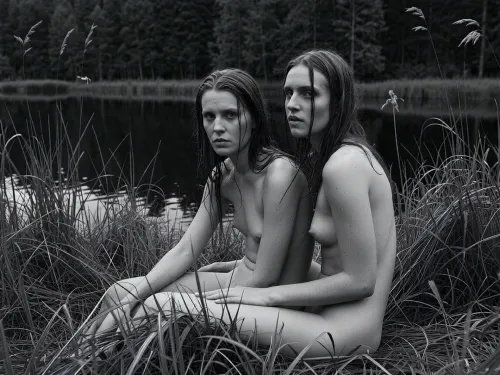 fine art black and white photography, Scandinavian documentary aesthetic, Anders Petersen or Mikael Jansson, large format film, Ilford HP5 pushed one stop, deep rich blacks, luminous skin tones, heavy grain.

Two 30 year old women sitting together in long wild grass by a still dark pond, wet hair, expressions serious and interior, not performing for the camera.

Dense reeds and wildflowers pressing in around them, the dark pond reflecting the treeline behind, overcast northern light, flat and even, no harsh shadows, the landscape close and slightly oppressive, shot at their level, intimate and direct