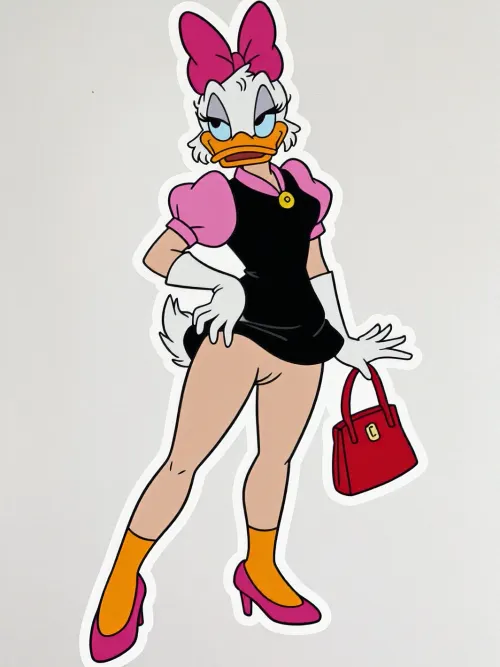 A full-body illustration of Daisy Duck in a classic 2D cartoon style, standing confidently with one hand on her hip and the other holding a red handbag. She wears a large pink bow atop her head, a black dress with puffed pink sleeves and a yellow button at the neckline, white gloves, and matching pink high heels. The dress is pushed up to display her nude shaved pussy and open cunt. Her expression is sassy and self-assured, with half-lidded eyes, long lashes, and a slight smirk. Her orange beak and feet contrast sharply with her white feathers and vibrant accessories. The pose is dynamic yet poised, with one leg slightly forward, emphasizing elegance and attitude. Lighting is flat and even, typical of traditional animation, with bold black outlines defining all forms. No shadows or depth are rendered—color fills are solid and saturated. The background is plain white, isolating the character for clear visibility. Technical style resembles mid-20th-century Disney cel animation, clean lines, minimal shading, and stylized proportions. Ideal for retro-themed digital art, sticker design, or animated character reference. Focus remains on iconic visual identity—feminine flair, confident posture, and signature color palette, (pink, black, orange, white), . Avoid photorealism, maintain vector-like clarity and graphic simplicity for AI generation consistency.