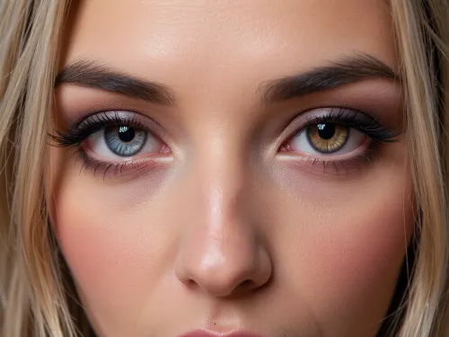 Woman, solo, nude, extreme facial close-up, blush, looking at viewer, (((heterochromia))), (extremely intricate and detailed, highly detailed eyes, high resolution eyes, high quality eyes, blonde hair, highly detailed hair), (masterpiece, sharp focus, award winning, cinematic lighting, warm glow lighting face), (heterochromia, symmetric eyes, different coloured eyes one blue-grey eye, one brown eye, detailed eyes, detailed iris, detailed pupils, limbal ring around iris, perfectly round iris, perfectly round pupils), (expressive eyes, striking eyes, captivating eyes, glittering eyes, Fae eyes), (photography rule of thirds), dark eyebrows