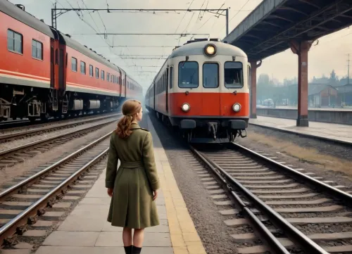 (in style of soviet propaganda poster), (in Valery Barykin art style), railway station, rear view of girl stands on a railway platform and looks into the distance at the head of an arriving electric train, locomotive seems to roll on viewer, creating the impression of rapid movement
