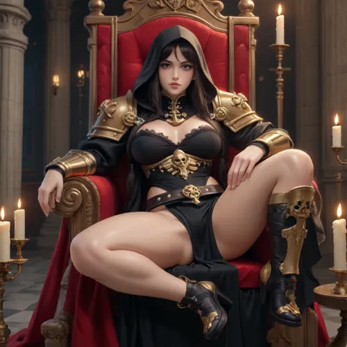 xiangling from genshin impact dross style reiq meets, A highly detailed erotic portrait of a Sister of Battle, (Adepta Sororitas), from Warhammer 40k sitting on a massive gothic imperial throne, beautiful stern-faced young woman with pale skin, intense fanatical eyes, long black hair partially covered by a white wimple and black hood, wearing ornate black and red power armor with gold trim, fleur-de-lis symbols and purity seals, armor partially opened and damaged revealing large breasts, toned athletic body and smooth skin, sheer black lace undergarments visible underneath, legs slightly spread, one hand resting on the armrest, the other holding a bolter or holy flamer across her lap, dark gothic cathedral background with candles, incense smoke, skulls and imperial aquila banners, dramatic chiaroscuro lighting, volumetric god rays, highly detailed textures of ceramite armor, sweat and oil on skin, sensual yet zealous expression, full body view, intricate throne with skulls and purity seals, 8k, photorealistic, cinematic, dark fantasy, Warhammer 40k style, by Greg Rutkowski and Alphonse Mucha, erotic, seductive, NSFW