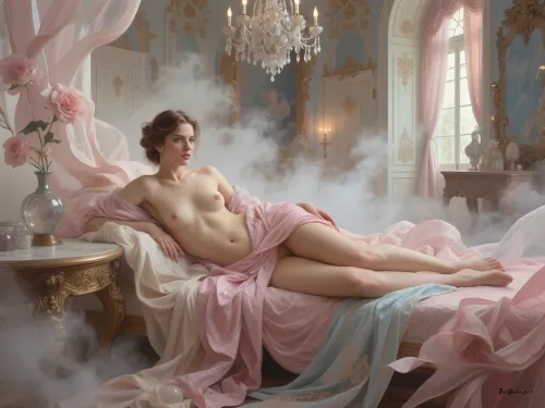 adult nude female muse in an opulent rococo palace, inspired by classical European oil paintings, reclining pose, grand chandelier, antique furnishings, delicate fabrics, soft window light, baroque elegance, painterly realism, rich textures, museum masterpiece, old master aesthetic, highly detailed, atmospheric perspective, fine art, timeless beauty.
Composition, The composition is centered around the figure of the woman, drawing the viewer's eye directly to her. She is placed slightly off-center, creating a more dynamic and engaging visual flow. The flowing fabric of her dress and the surrounding ethereal elements create a sense of depth and envelopment, with the foreground and background softly blurring. The negative space, particularly the misty, hazy background, helps to emphasize the subject and contribute to the overall sense of etherealness. The use of soft, organic shapes in the fabric and mist contrasts with the implied architectural elements in the background, adding a layer of visual interest.
Color Usage, The color palette is predominantly soft and muted, dominated by shades of blush pink, rose, and warm beige, with accents of pale blue and grey in the background. This limited and harmonious color scheme contributes significantly to the romantic and dreamy quality of the image. The soft diffusion of light within these colors enhances the sense of delicacy and creates a gentle, luminous effect. There are no harsh or contrasting colors, which further enhances the overall feeling of softness and tranquility.
Artistic Characteristics, The image exhibits a high degree of artistic sophistication, characterized by its soft focus, diffused lighting, and painterly quality. The texture of the fabric is rendered with great detail and fluidity, giving it a tangible yet airy feel. The woman's pose and expression convey a sense of pensive introspection and delicate grace. The overall aesthetic leans towards fantasy and surrealism, creating a scene that feels both intimate and otherworldly. The technique appears to be a digital creation that mimics the softness and blending of traditional painting or watercolor, possibly with elements inspired by photography that has been heavily stylized. The emphasis is on mood and emotion rather than sharp realism