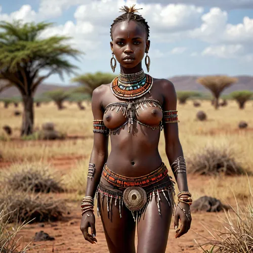 african deep black skinned tribe girl from kenya, in tribal outfit, in the middle of savannah, beautiful, sexy, seductive, full-body view, <lora:detailed_notrigger:1.8>, <lora:add-detail-xl:1.3>, <lora:LCMTurboMix_Euler_A_fix:1.6>, <lora:CinematicStyle_v1:2>